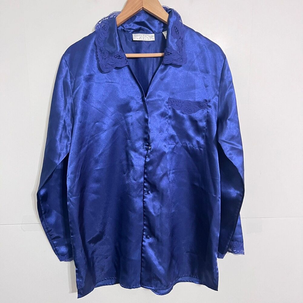 Vintage Erika Taylor Intimates Womens Sleepwear Shirt Size M Satin Lace Blue